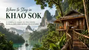 Treehouse bungalow in Khao Sok rainforest with limestone mountains and a canoe on Cheow Lan Lake
